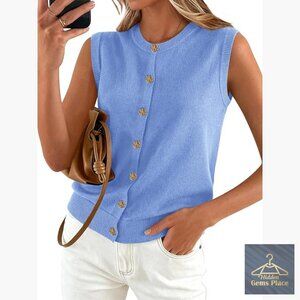 Women's Crewneck Button Down Knit Sweater Vest Loose Fit Sleeveless